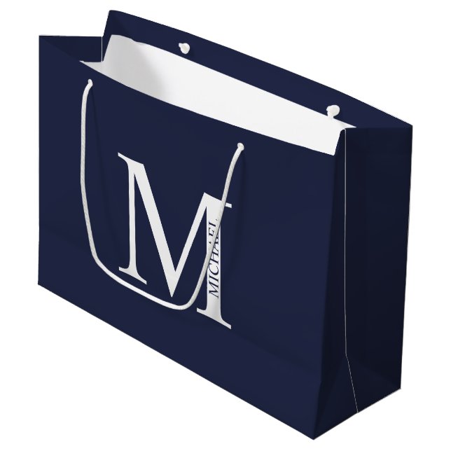 Grand Sac Cadeau Monogramme et nom personnalisés bleu marine (Devant Angle)