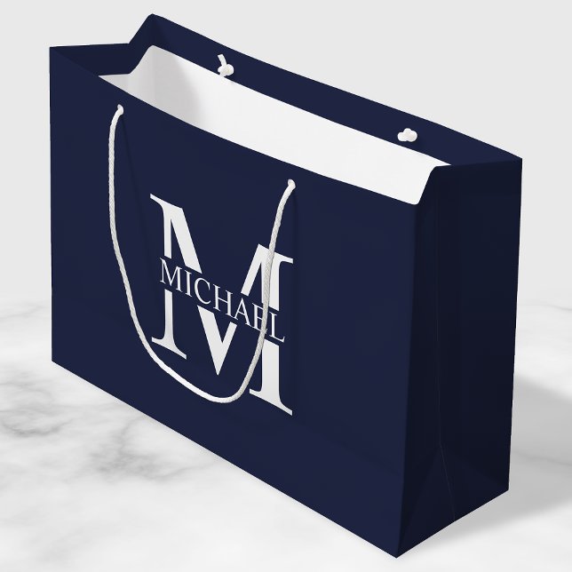 Grand Sac Cadeau Monogramme et nom personnalisés bleu marine (Créateur téléchargé)