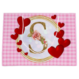Grand Sac Cadeau Monogramme floral initial personnalisé et coeur ro