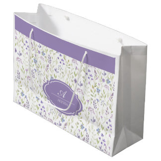 Grand Sac Cadeau Monogramme floral personnalisé violet