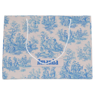 Grand Sac Cadeau Monogramme Floral Toile Turquoise Bleu Vintage