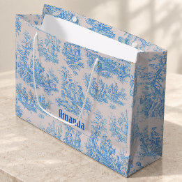 Grand Sac Cadeau Monogramme Floral Toile Turquoise Bleu Vintage