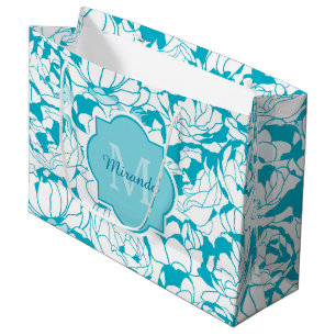 Grand Sac Cadeau Monogramme Floral Turquoise Moderne Avec Nom