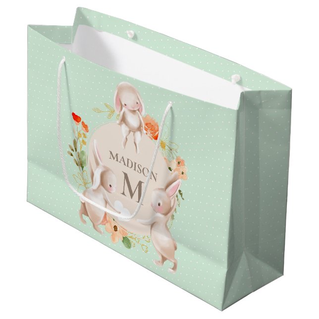 Grand Sac Cadeau Monogramme Lapin lapins Floral Baby Personnalisé (Devant Angle)