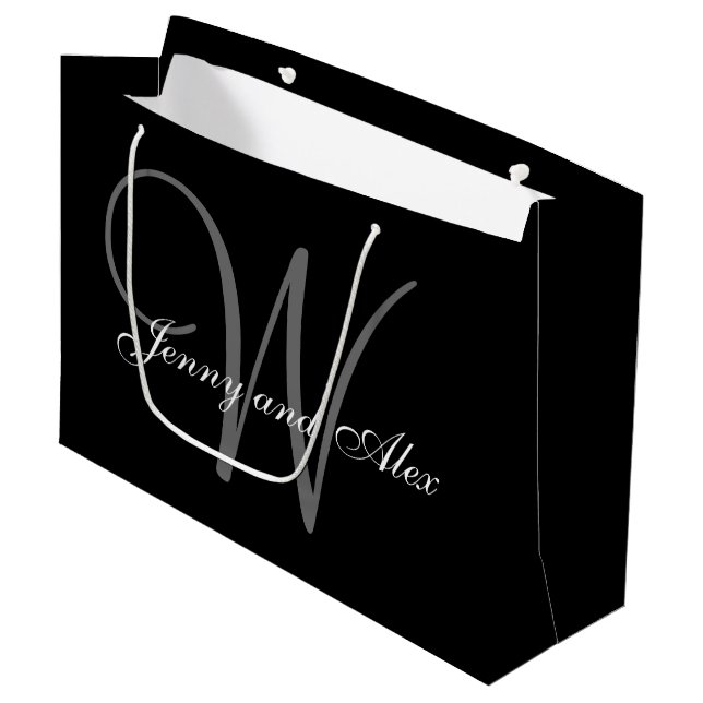 Grand Sac Cadeau Monogramme Mariage noir et argent (Devant Angle)