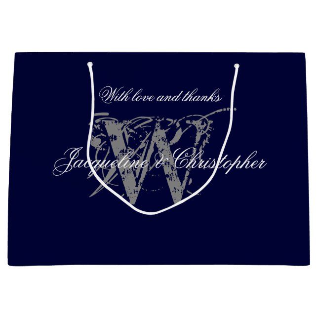 Grand Sac Cadeau Monogramme Marine Bleu Argent Blanc Élégant Mariag (Devant)