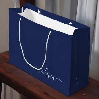 Grand Sac Cadeau Monogramme moderne bleu marine et blanc