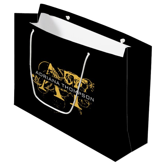 Grand Sac Cadeau Monogramme moderne en noir et or (Devant Angle)