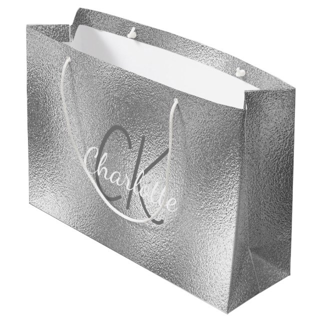 Grand Sac Cadeau Monogramme nominatif moderne élégant en métal arge (Dos Angle)