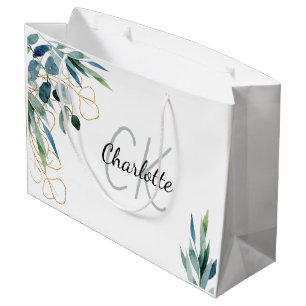Grand Sac Cadeau Monogramme or blanc eucalyptus