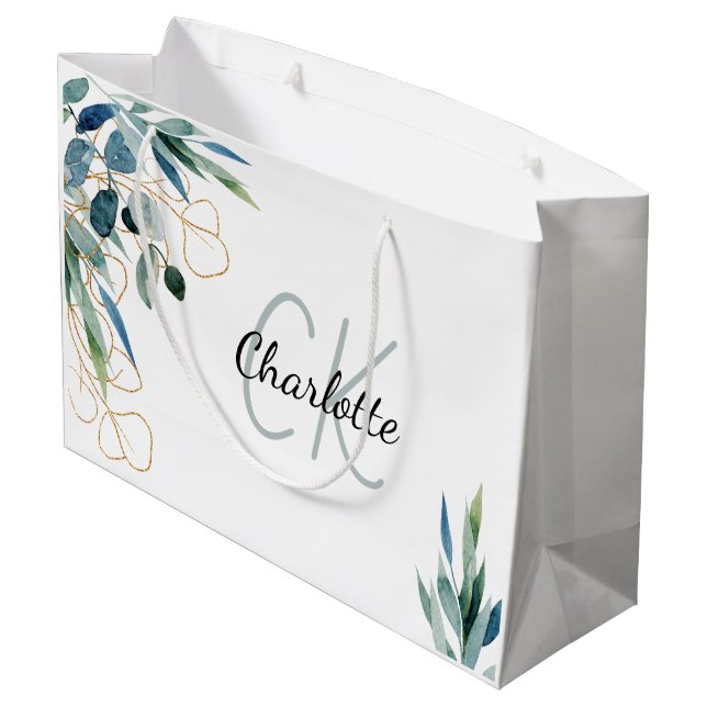 Grand Sac Cadeau Monogramme or blanc eucalyptus (Dos Angle)