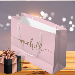 Grand Sac Cadeau Monogramme Or élégant Nom Script Blush Pink