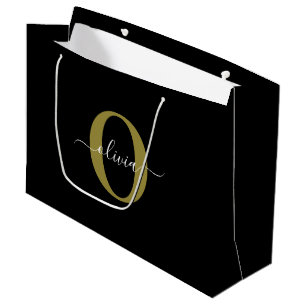 Grand Sac Cadeau Monogramme personnalisé Nom du script Black White 