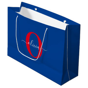 Grand Sac Cadeau Monogramme personnalisé Nom du script Bleu Blanc R