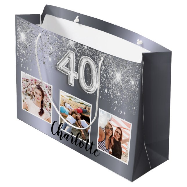 Grand Sac Cadeau monogramme photo de la parties scintillant argent  (Dos Angle)