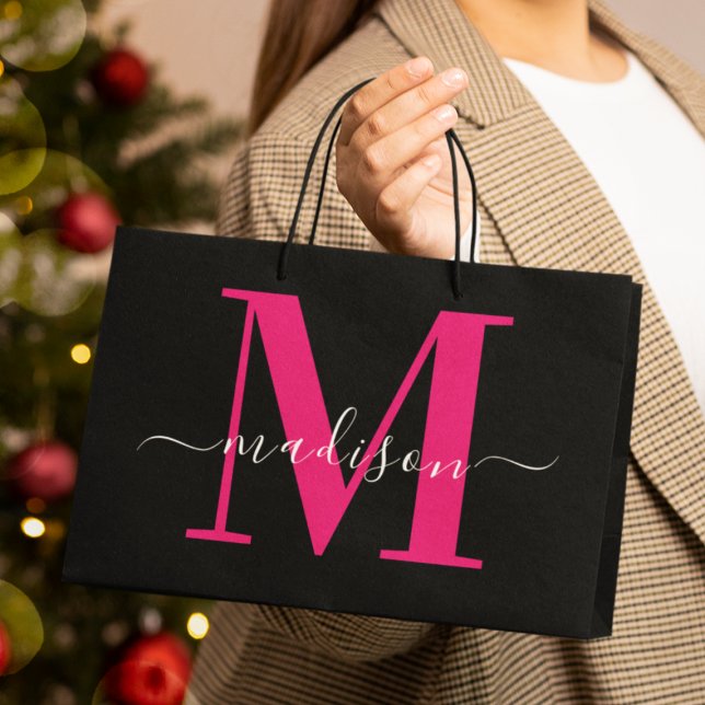 Grand Sac Cadeau Monogramme rose chaud noir et gras Première fille (Créateur téléchargé)