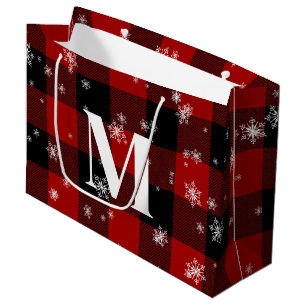 Grand Sac Cadeau Monogramme rouge Plaid & Snowflics Premier hiver