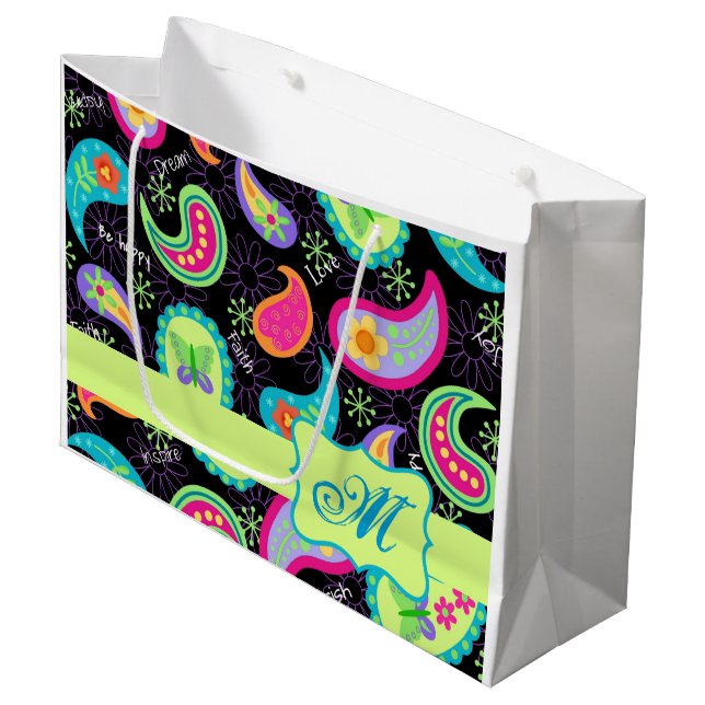 Grand Sac Cadeau Monogramme vert citron noir personnalisé Paisley (Devant Angle)