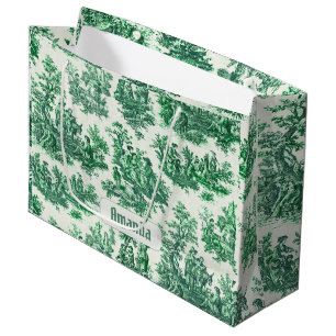 Grand Sac Cadeau monogramme vintage fleuri vert toile jouy