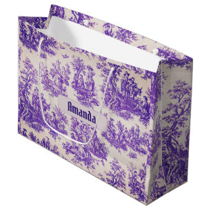 Grand Sac Cadeau monogramme vintage fleuri violet toile de jouy