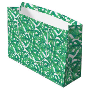 Grand Sac Cadeau Monstère verte tropicale feuille motif sur blanc b