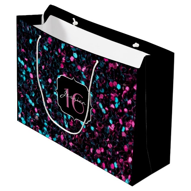 Grand Sac Cadeau Mosaïque rose et bleue brillante Douce 16 (Devant Angle)