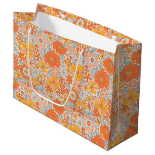 Grand Sac Cadeau Motif à fleurs Orange Retro