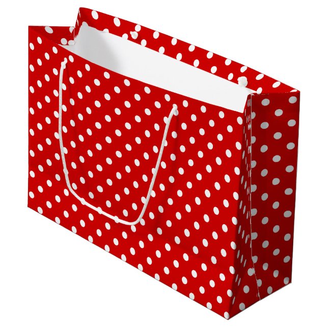 Grand Sac Cadeau Motif À petits pois blanc simple et chic sur rouge (Devant Angle)