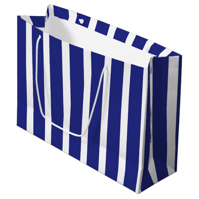 Grand Sac Cadeau Motif à rayures bleu et blanc marine (Devant Angle)