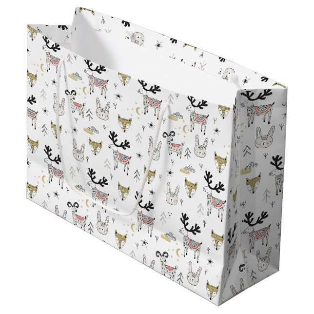 Grand Sac Cadeau Motif animal de griffonnage de région boisée (Devant Angle)