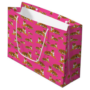 Grand Sac Cadeau Motif animal du tigre de la jungle rose orange