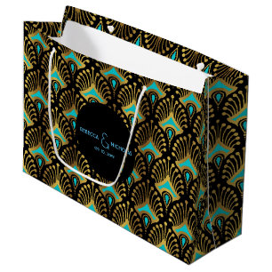 Grand Sac Cadeau Motif Art déco or et rouge sur noir