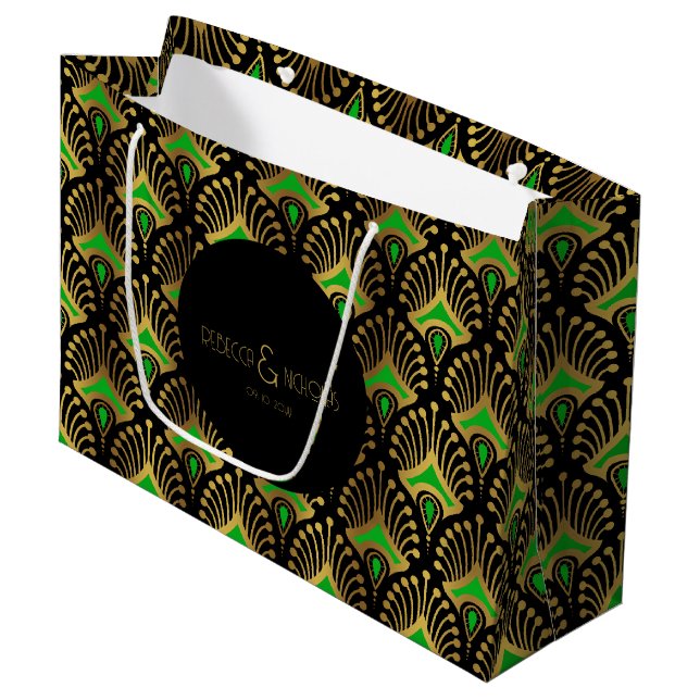 Grand Sac Cadeau Motif Art déco or et vert sur noir (Devant Angle)