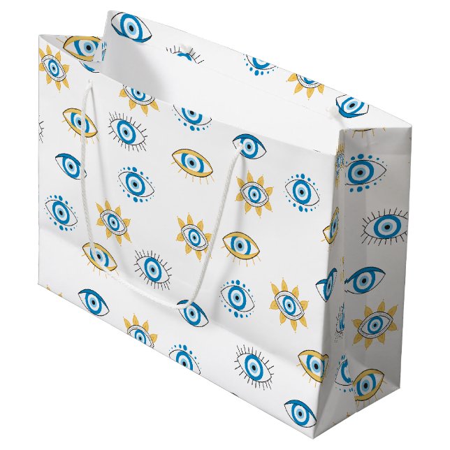 Grand Sac Cadeau Motif bleu, or et blanc de l'oeil grec Mati (Devant Angle)
