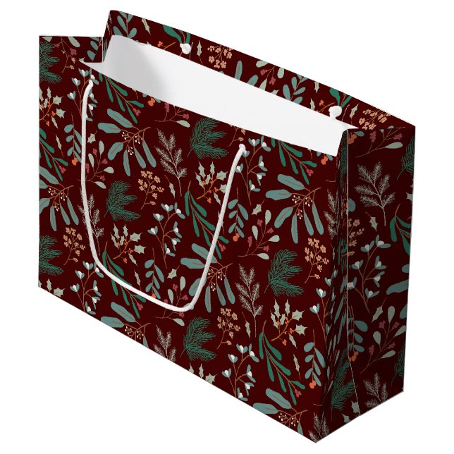 Grand Sac Cadeau Motif botanique d'hiver rouge (Devant Angle)