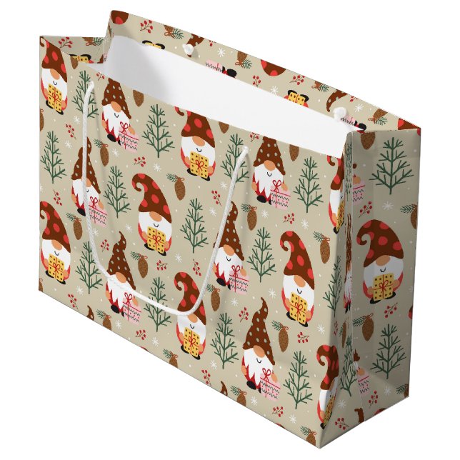 Grand Sac Cadeau Motif cadeau Noël Gnomes (Devant Angle)