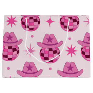 Grand Sac Cadeau Motif Casquette de cowgirl Disco Rose avec étoiles