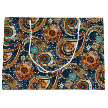 Motif Celestial Paisley Marine Bleu, Orange, Or