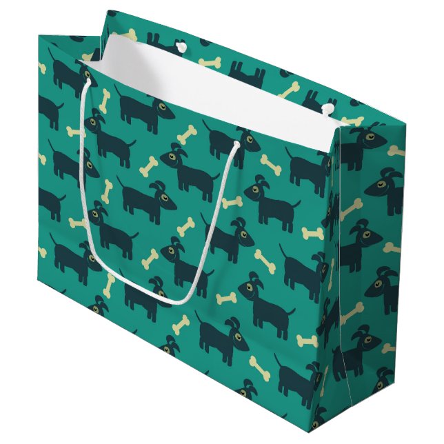Grand Sac Cadeau Motif chien mignon avec os sur Arrière - plan vert (Devant Angle)
