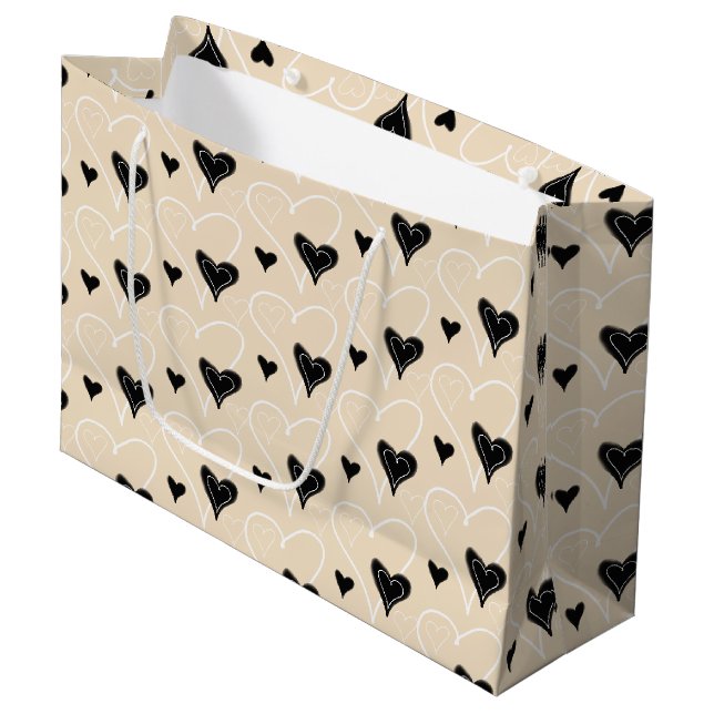 Grand Sac Cadeau Motif Coeurs mignons Noir et Blanc (Devant Angle)