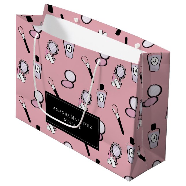 Grand Sac Cadeau Motif cosmétique maquillage rose (Devant Angle)