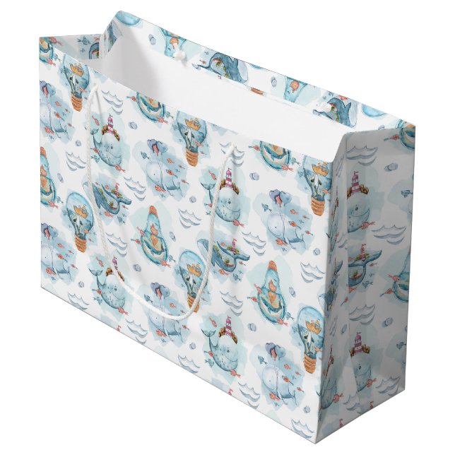 Grand Sac Cadeau Motif d'aquarelle de la belle baleine nautique (Devant Angle)