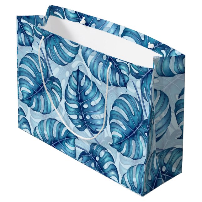 Grand Sac Cadeau Motif d'aquarelle Monstera bleu (Dos Angle)