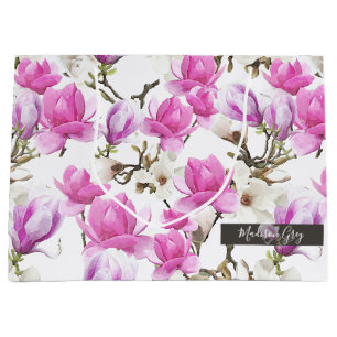 Grand Sac Cadeau Motif d'aquarelle rose et blanc Magnolia Blossom