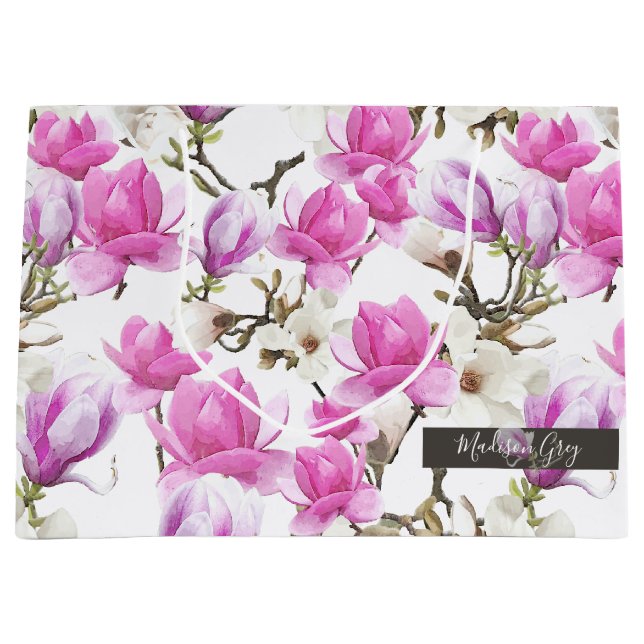Grand Sac Cadeau Motif d'aquarelle rose et blanc Magnolia Blossom (Devant)