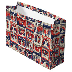 Grand Sac Cadeau Motif de carreau en papier découpé patriotique en