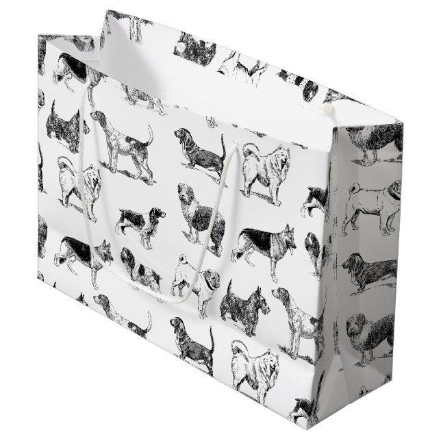 Grand Sac Cadeau Motif de chiens Vintages noirs et blancs (Devant Angle)