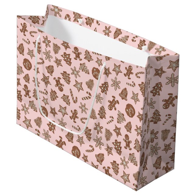 Grand Sac Cadeau Motif de cookies de Noël rose (Devant Angle)