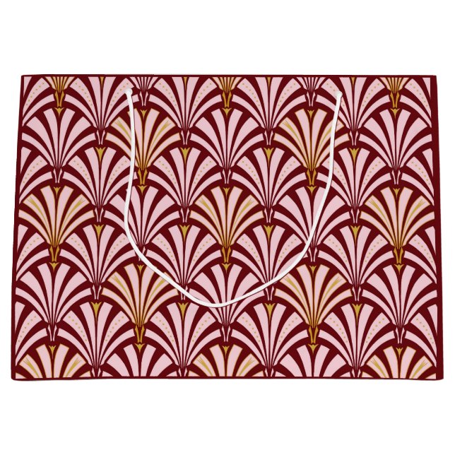 Grand Sac Cadeau Motif de fan d'art déco - rose et Bourgogne (Devant)