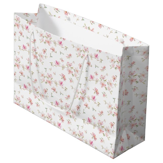Grand Sac Cadeau Motif de fleur rose mou d'aquarelle du monogramme (Devant Angle)